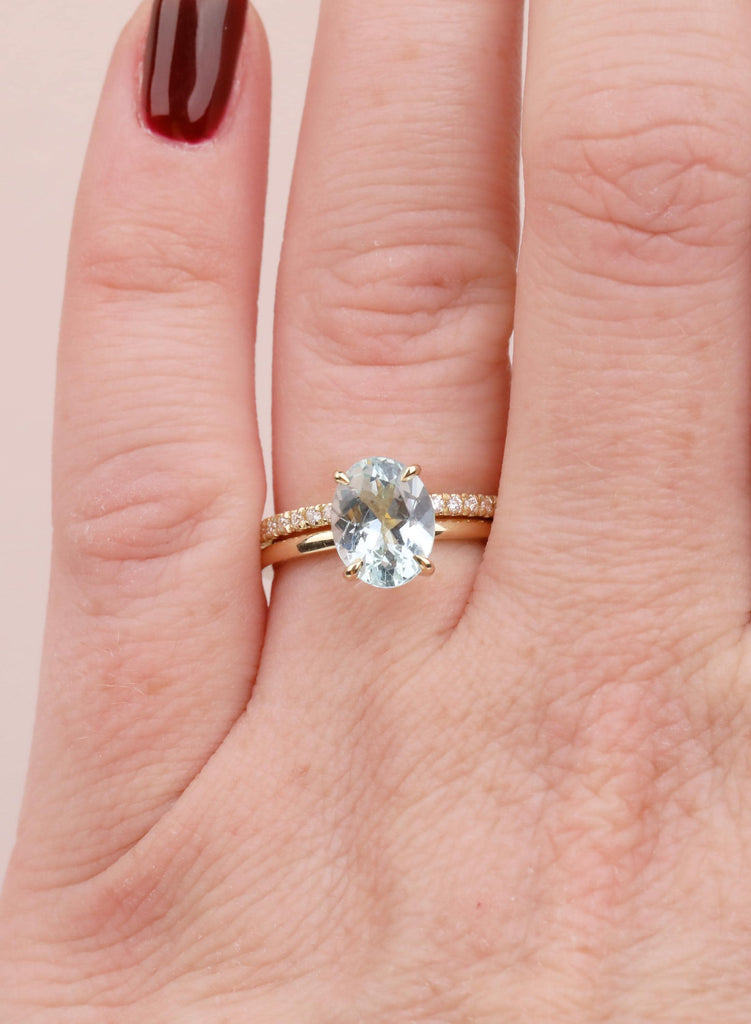Oval Aquamarine Engagement Ring Set, Diamond Pave Band, 14K Yellow Gold