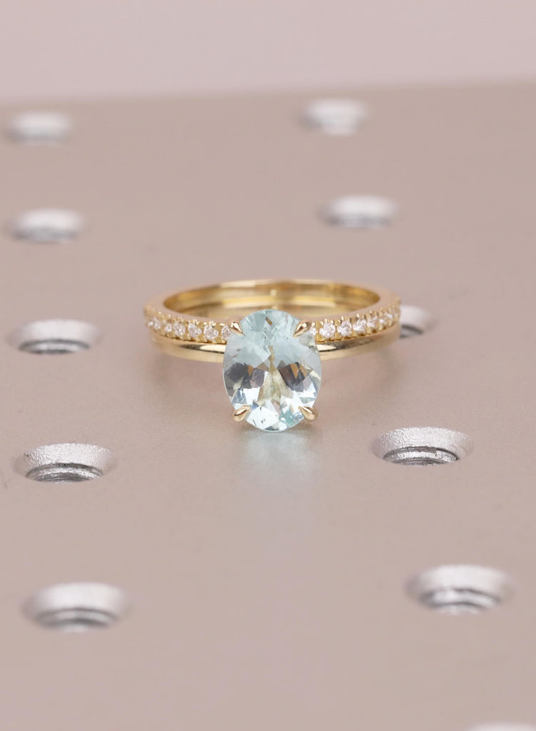 Oval Aquamarine Ring, Bridal Set, Moissanite Pave Band, Wedding Ring Set, March Birthstone Ring, Yellow Gold Ring, Handmade Engagement Ring