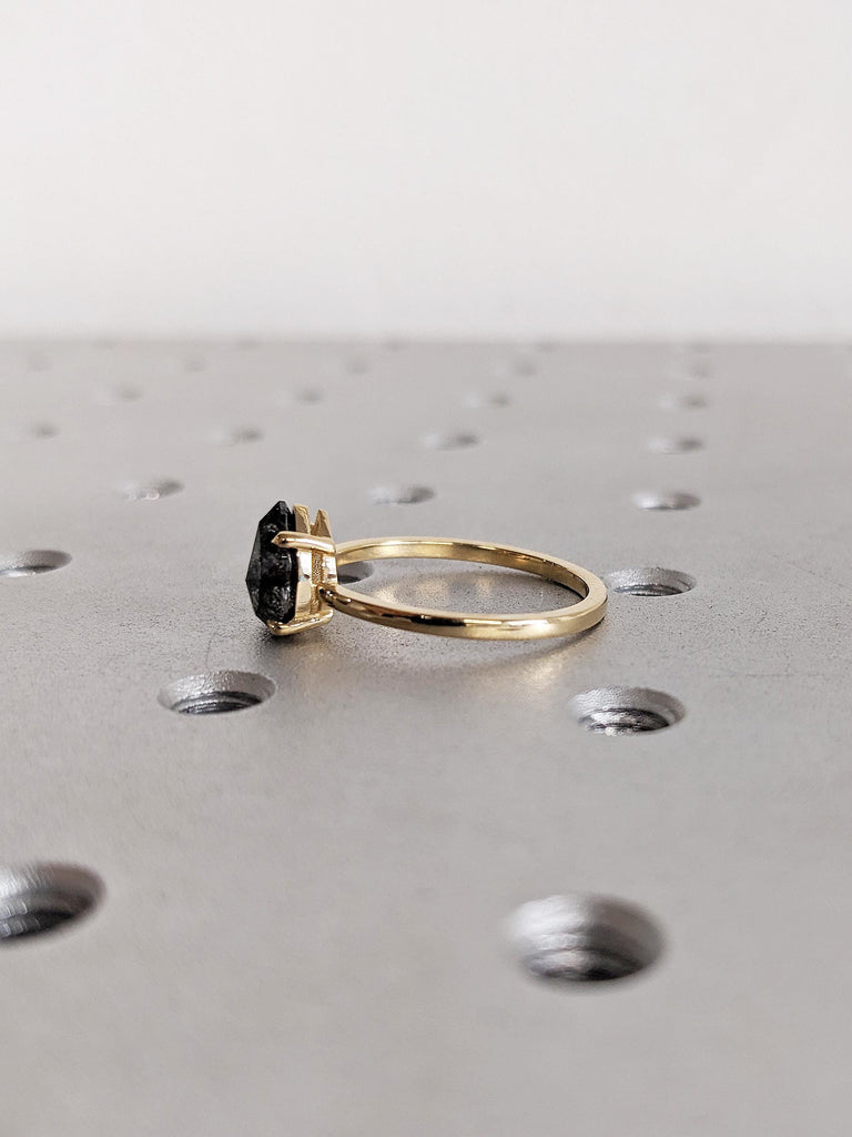 Pear Cut Salt and Pepper Diamond Ring, 18K Gold Talon Prong Wedding Band, Unique Alternative Wedding Ring image #4