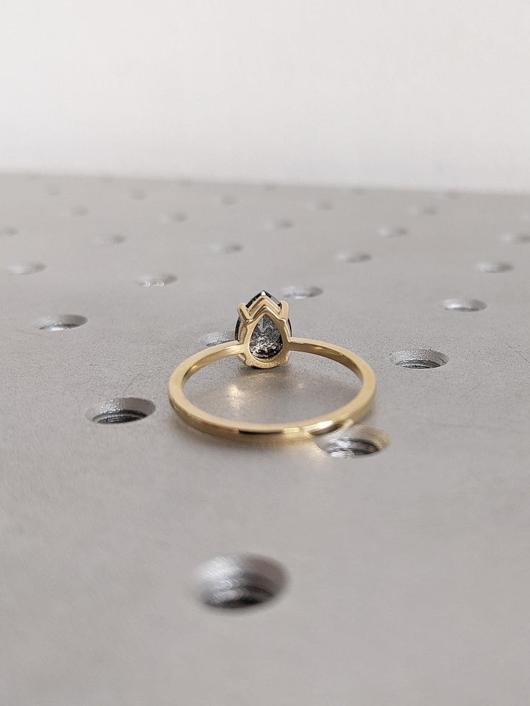 Pear Cut Salt and Pepper Diamond Ring, 18K Gold Talon Prong Wedding Band, Unique Alternative Wedding Ring image #5