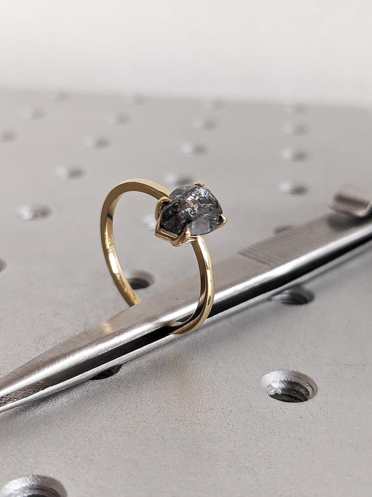 Pear Cut Salt and Pepper Diamond Ring, 18K Gold Talon Prong Wedding Band, Unique Alternative Wedding Ring image #9