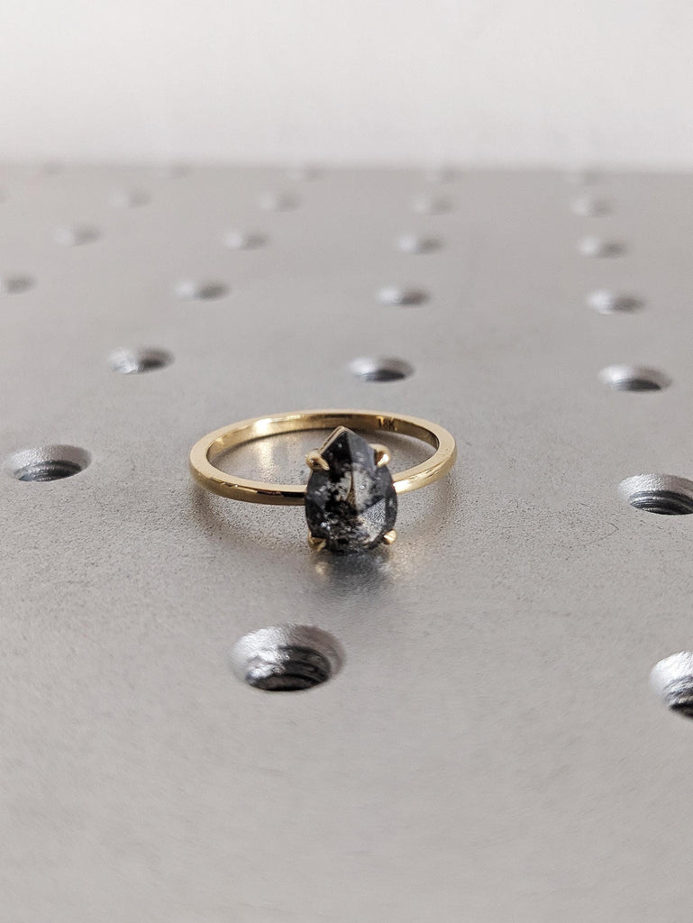 Pear Cut Salt and Pepper Diamond Ring, 18K Gold Talon Prong Wedding Band, Unique Alternative Wedding Ring image #10