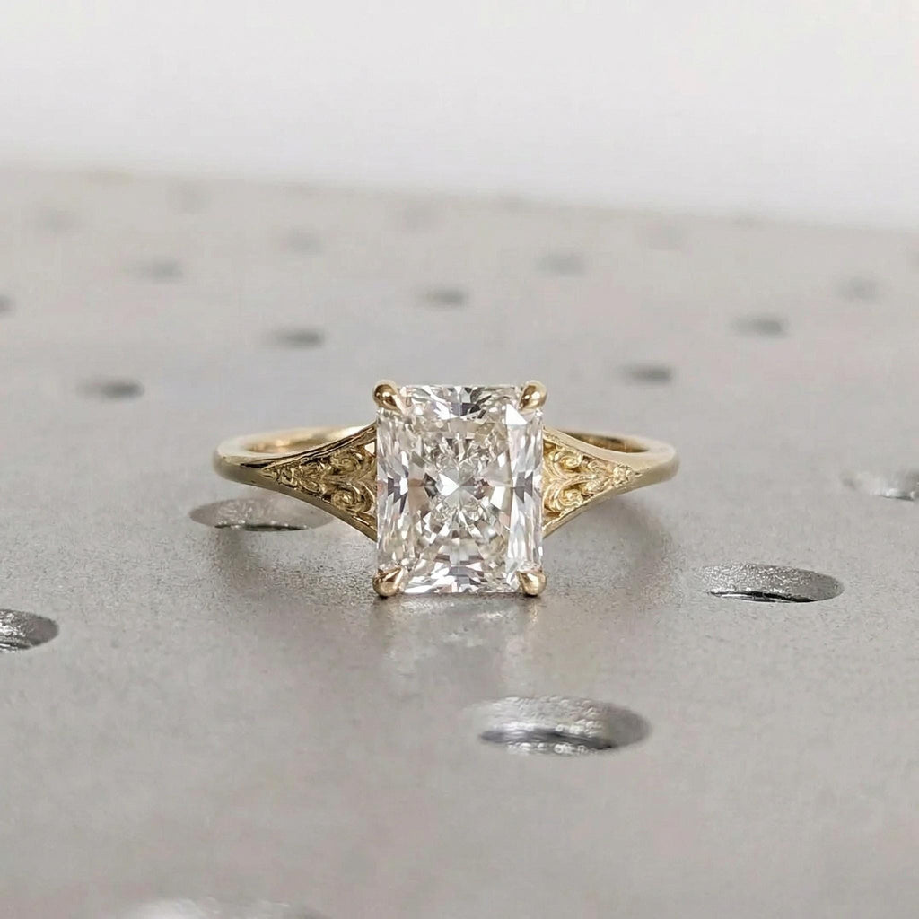 Gold Heirloom Lab Diamond Engagement Ring, Radiant Cut Victorian Filigree Band, Antique Proposal Ring, Women's Wedding Anniversary Ring