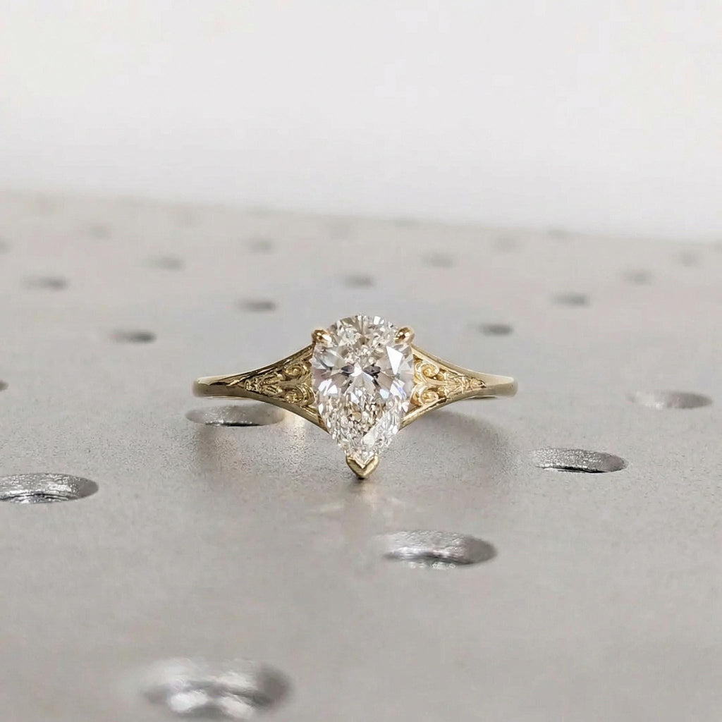 Gold Heirloom Lab Diamond Engagement Ring, Pear Cut Victorian Filigree Band, Antique Proposal Ring, Women's Wedding Anniversary Ring