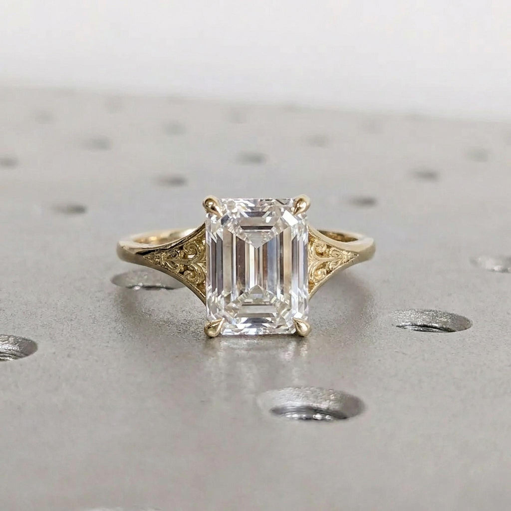 Gold Heirloom Lab Diamond Engagement Ring, Emerald Cut Victorian Filigree Band, Antique Proposal Ring, Women's Wedding Anniversary Ring