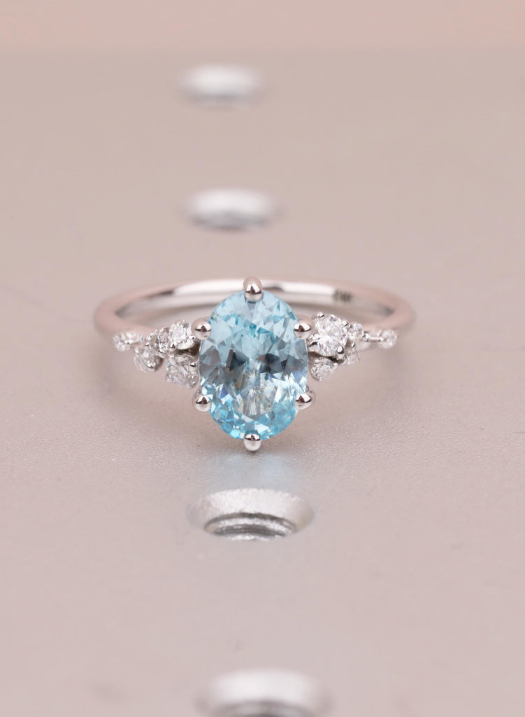 Oval Aquamarine Engagement Ring for Women, Snowdrift 6 Prongs Cluster Ring, March Birthstone Promise Ring, Blue Gemstone Solid Gold Ring