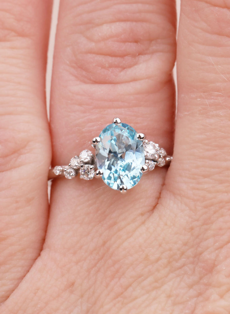Oval Aquamarine Engagement Ring for Women, Snowdrift 6 Prongs Cluster Ring, March Birthstone Promise Ring, Blue Gemstone Solid Gold Ring image #11
