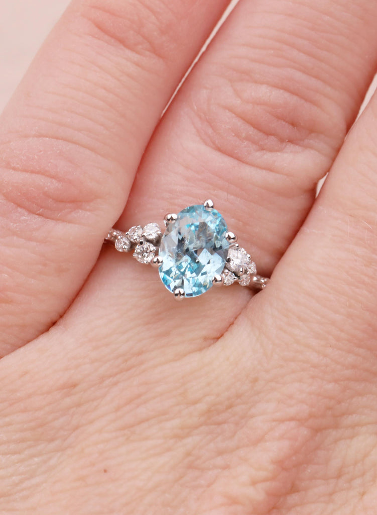 Oval Aquamarine Engagement Ring for Women, Snowdrift 6 Prongs Cluster Ring, March Birthstone Promise Ring, Blue Gemstone Solid Gold Ring image #10