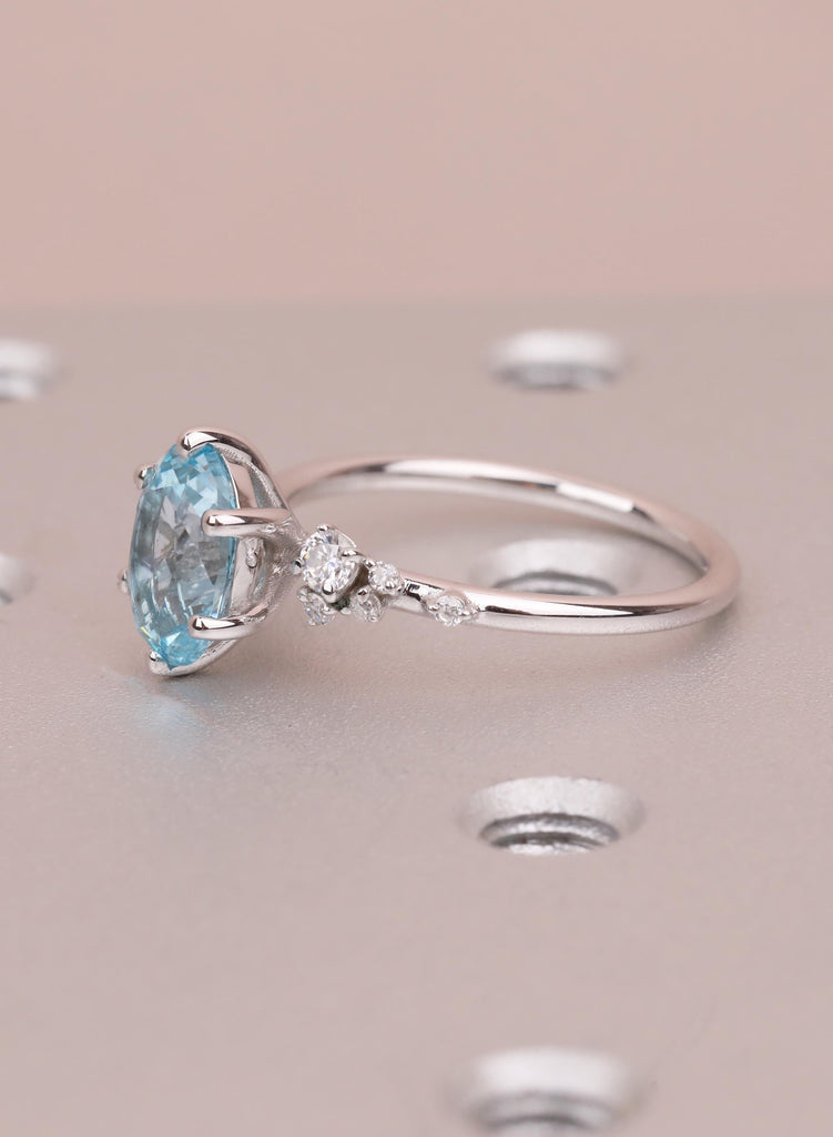 Oval Aquamarine Engagement Ring for Women, Snowdrift 6 Prongs Cluster Ring, March Birthstone Promise Ring, Blue Gemstone Solid Gold Ring image #8