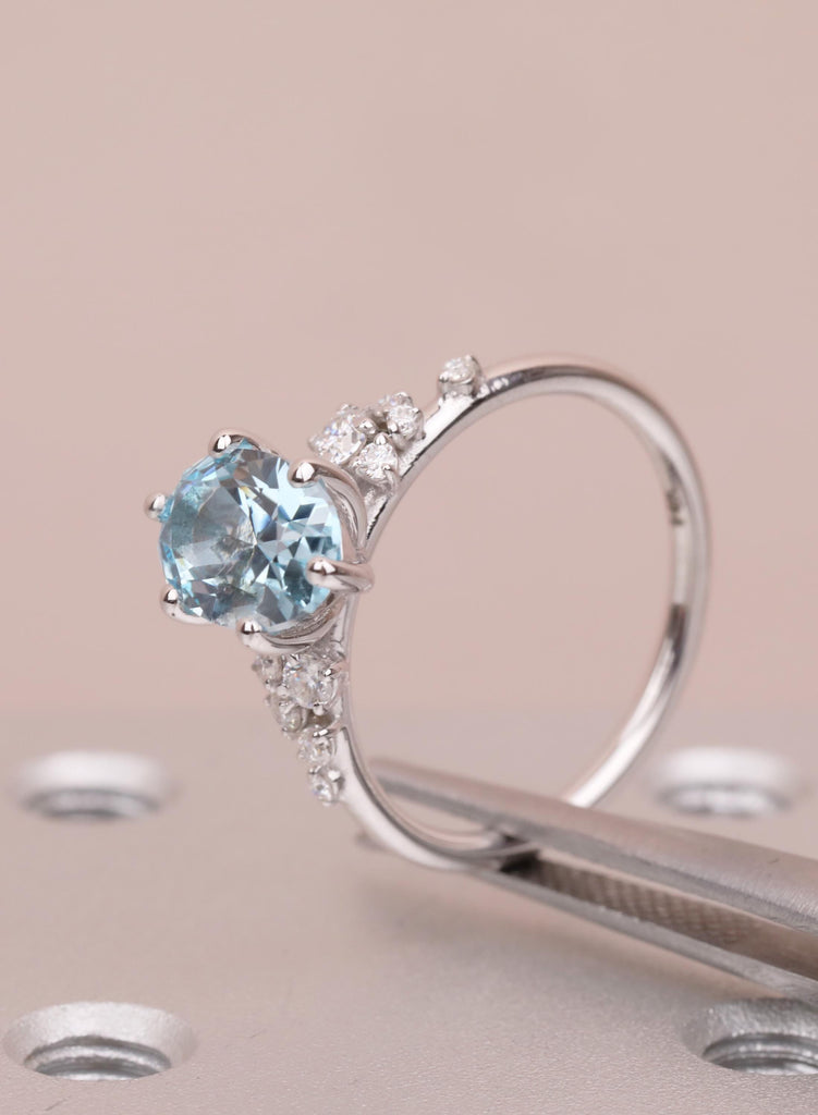 Oval Aquamarine Engagement Ring for Women, Snowdrift 6 Prongs Cluster Ring, March Birthstone Promise Ring, Blue Gemstone Solid Gold Ring image #3