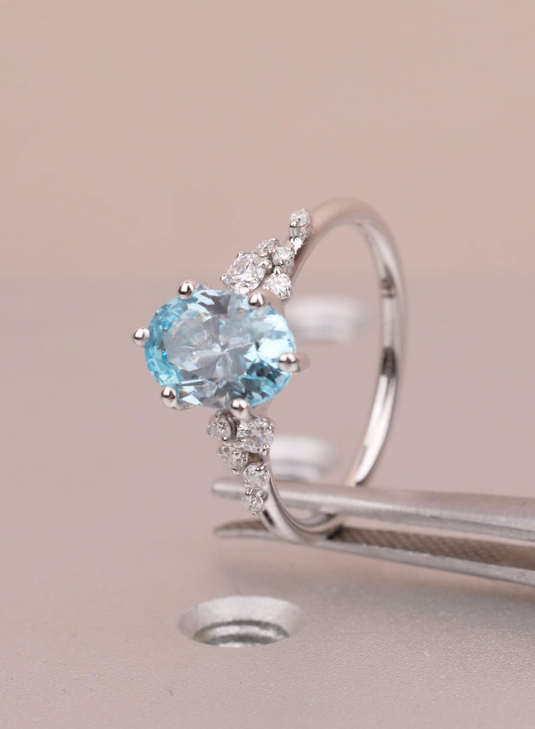 Oval Aquamarine Engagement Ring for Women, Snowdrift 6 Prongs Cluster Ring, March Birthstone Promise Ring, Blue Gemstone Solid Gold Ring image #9