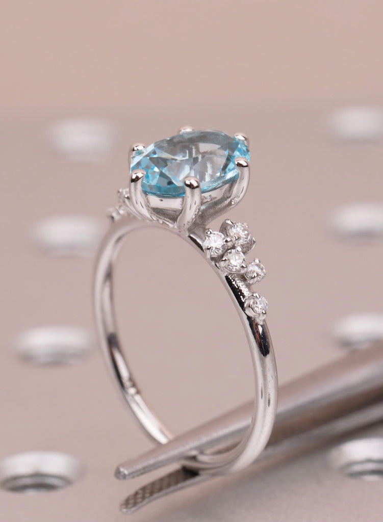 Oval Aquamarine Engagement Ring for Women, Snowdrift 6 Prongs Cluster Ring, March Birthstone Promise Ring, Blue Gemstone Solid Gold Ring image #5