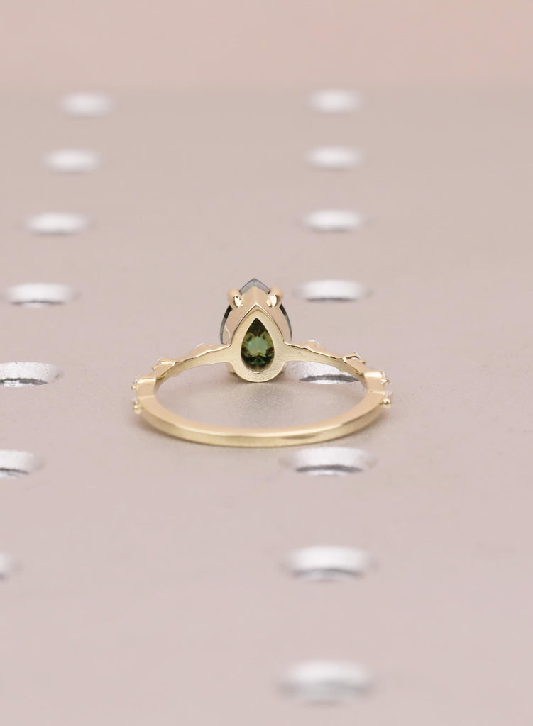 Pear Green Moissanite Engagement Ring, 14k/18K Yellow Gold, Round Moissanite Diamond Gold Band image #5