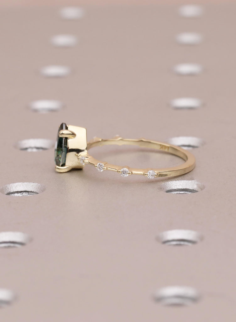 Pear Green Moissanite Engagement Ring, 14k/18K Yellow Gold, Round Moissanite Diamond Gold Band image #6