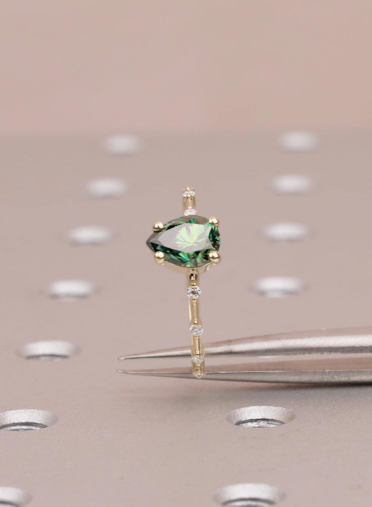 Pear Green Moissanite Engagement Ring, 14k/18K Yellow Gold, Round Moissanite Diamond Gold Band image #8