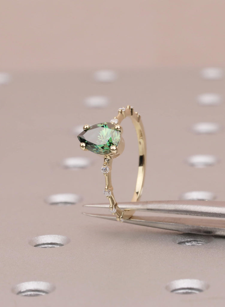 Pear Green Moissanite Engagement Ring, 14k/18K Yellow Gold, Round Moissanite Diamond Gold Band image #7