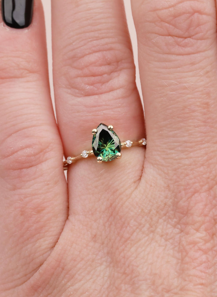 Pear Green Moissanite Engagement Ring, 14k/18K Yellow Gold, Round Moissanite Diamond Gold Band image #9