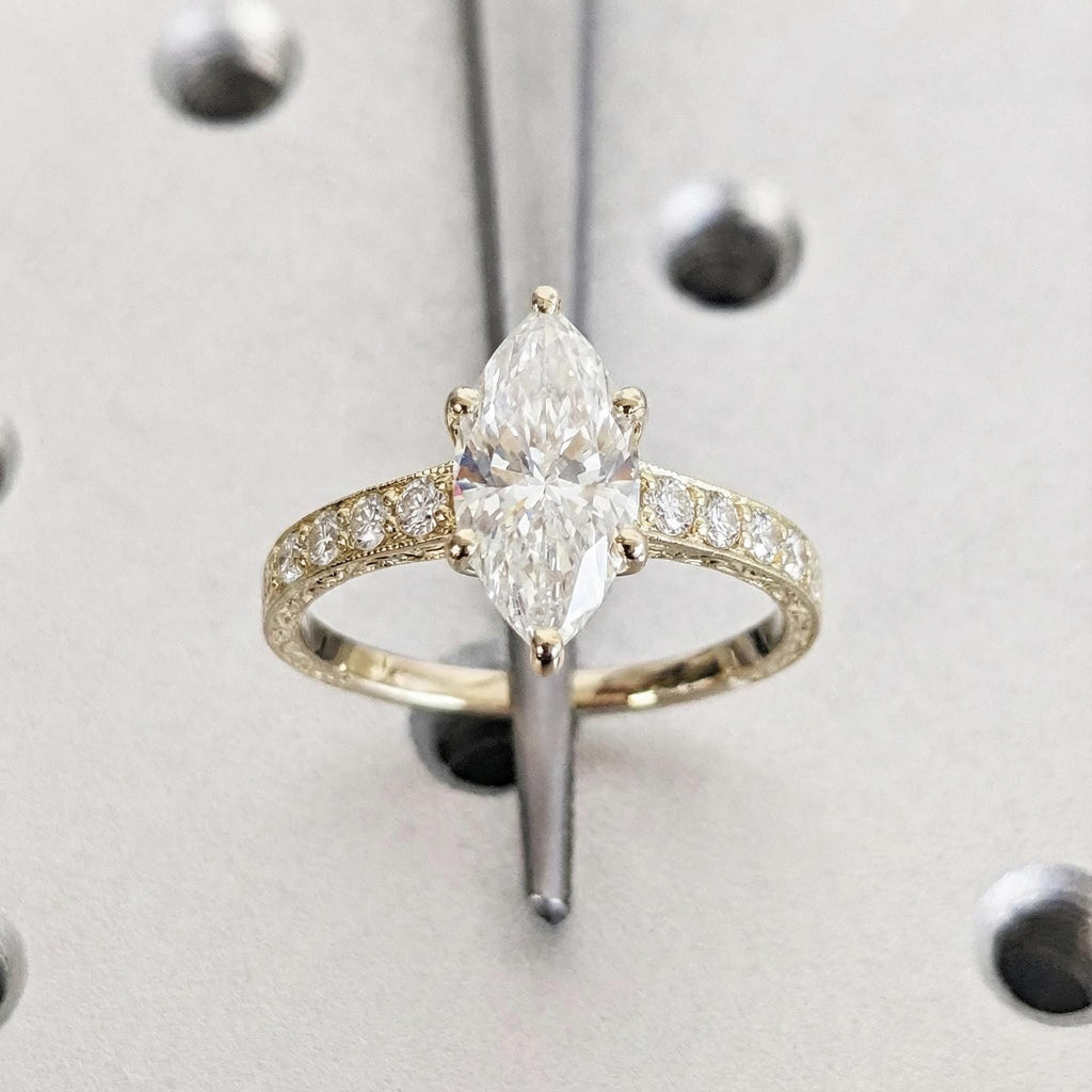 Vintage Inspired Filigree Marquise Ring, Moissanite Engagement Ring