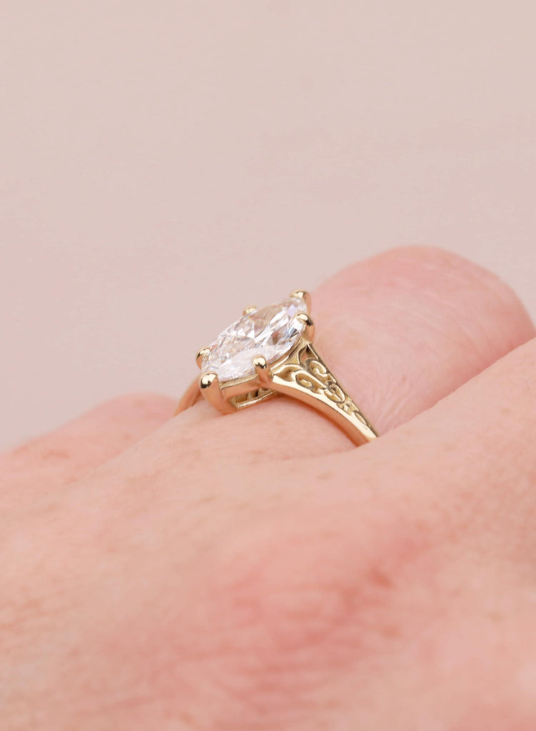 Gold Heirloom Lab Diamond Engagement Ring, Marquise Cut Victorian Filigree Band, Antique Proposal Ring, Women's Wedding Anniversary Ring image #9