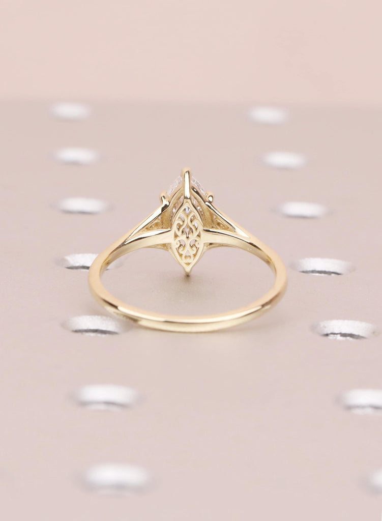 Victorian Style Marquise Cut Moissanite Ring, Antique Filigree Engraved Band, 14K Yellow Gold Heirloom Engagement Ring image #2