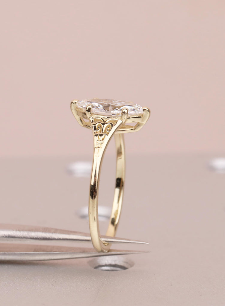 Victorian Style Marquise Cut Moissanite Ring, Antique Filigree Engraved Band, 14K Yellow Gold Heirloom Engagement Ring image #4