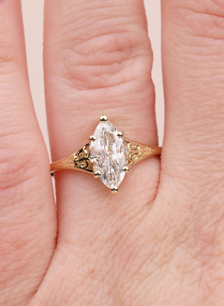 Victorian Style Marquise Cut Moissanite Ring, Antique Filigree Engraved Band, 14K Yellow Gold Heirloom Engagement Ring image #7