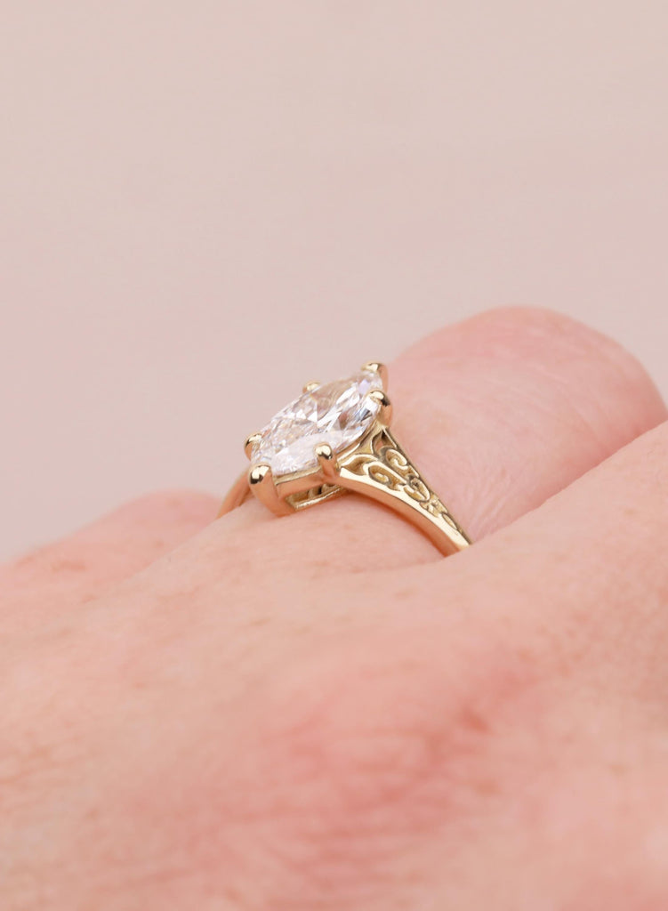Victorian Style Marquise Cut Moissanite Ring, Antique Filigree Engraved Band, 14K Yellow Gold Heirloom Engagement Ring image #8