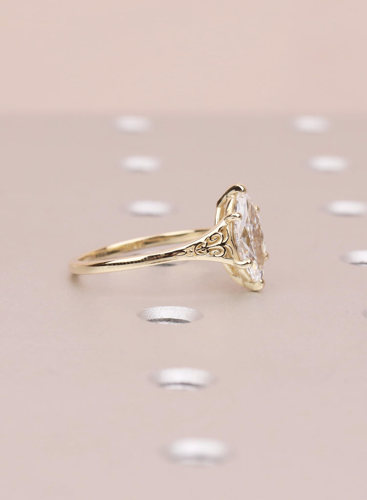 Victorian Style Marquise Cut Moissanite Ring, Antique Filigree Engraved Band, 14K Yellow Gold Heirloom Engagement Ring image #11