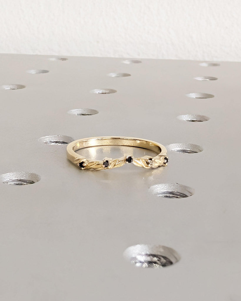 Black Diamond Curved Wedding Band: Platinum or Gold Leaf Ring, Branch Twig Nature Wedding Ring, Stacking Ring, Matching Band image #4