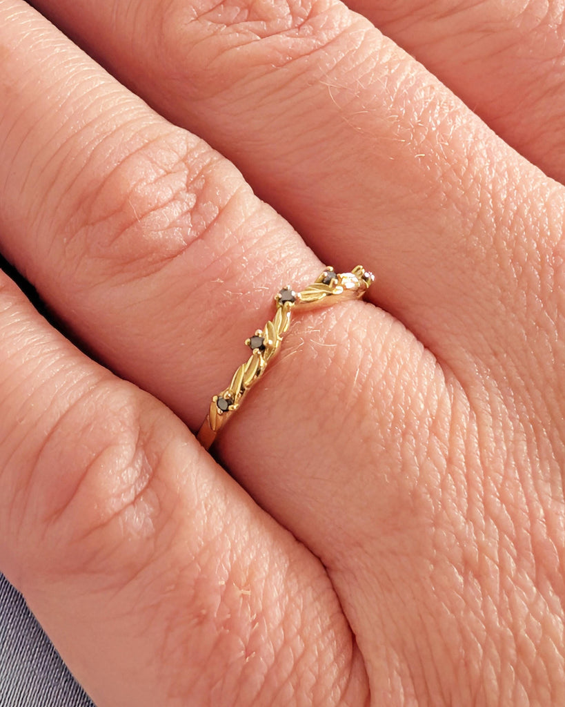 Vintage Diamond Leaf Wedding Band, Black Diamond Curved Wedding Band, Nature Inspired Art Deco Leaf Ring, Stacking Matching Anniversary Ring image #2