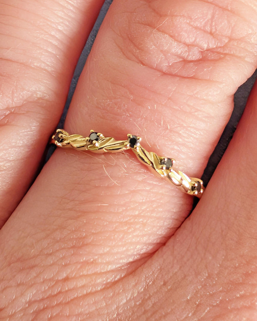 Vintage Diamond Leaf Wedding Band, Black Diamond Curved Wedding Band, Nature Inspired Art Deco Leaf Ring, Stacking Matching Anniversary Ring image #3