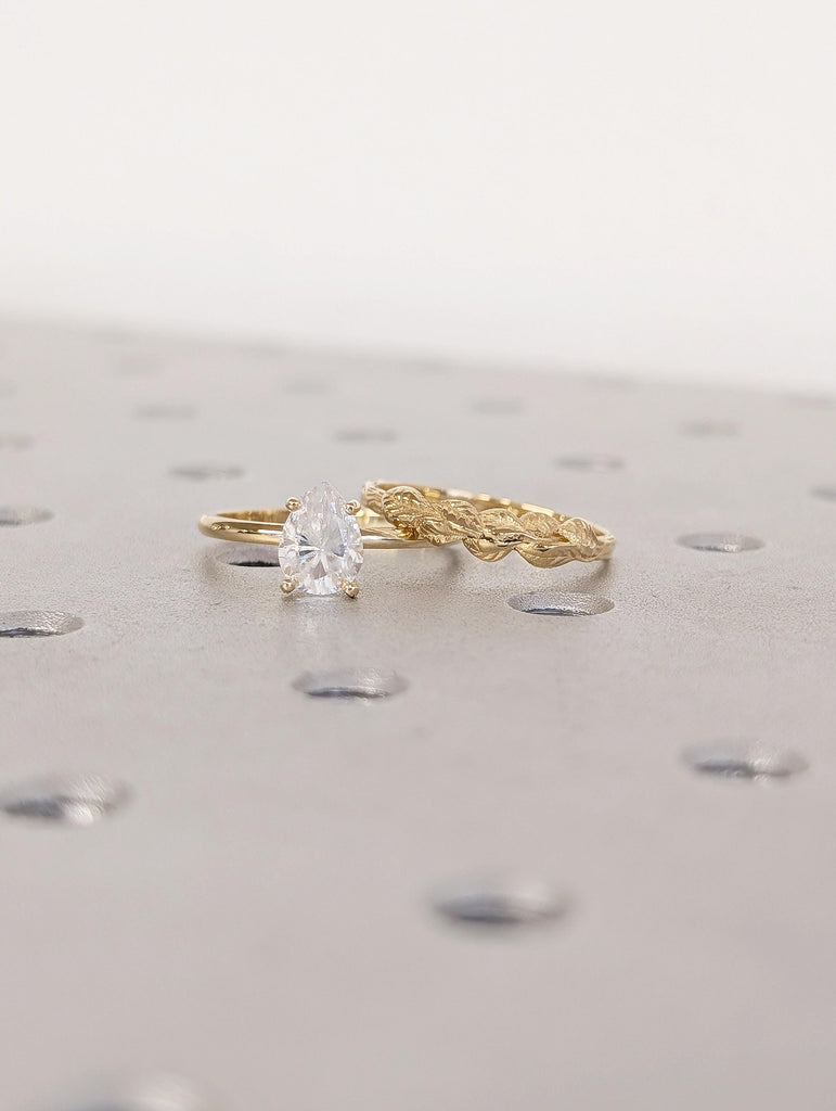 Moissanite Pear Engagement Ring Set, Solitaire Rings, 18k Solid Gold Stackable Rings image #12