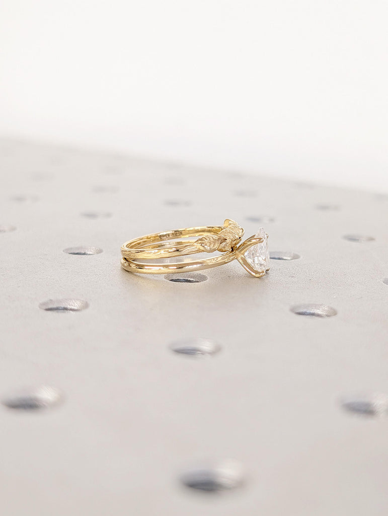 Pear Lab Grown Diamond Ring, 18k Gold Solitaire Ring Set, Nature Inspired Engagement Rings image #6