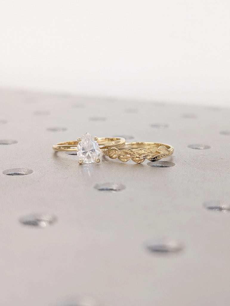 Pear Lab Grown Diamond Ring, 18k Gold Solitaire Ring Set, Nature Inspired Engagement Rings image #12