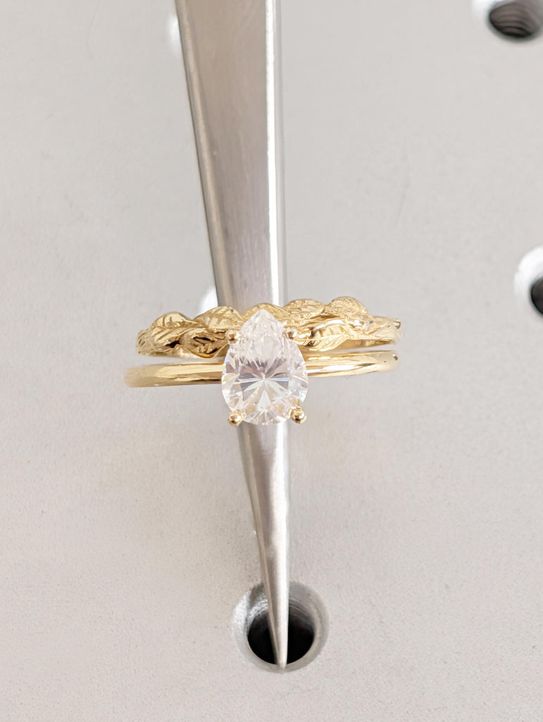 Pear Lab Grown Diamond Ring, 18k Gold Solitaire Ring Set, Nature Inspired Engagement Rings image #11