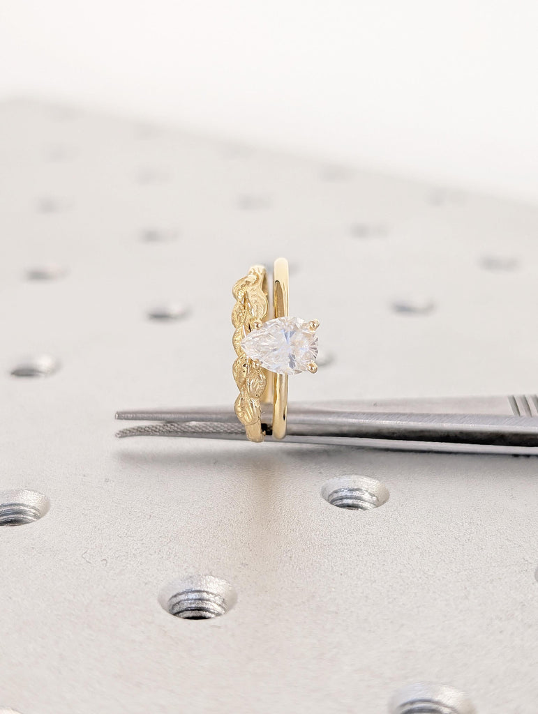 Pear Lab Grown Diamond Ring, 18k Gold Solitaire Ring Set, Nature Inspired Engagement Rings image #13