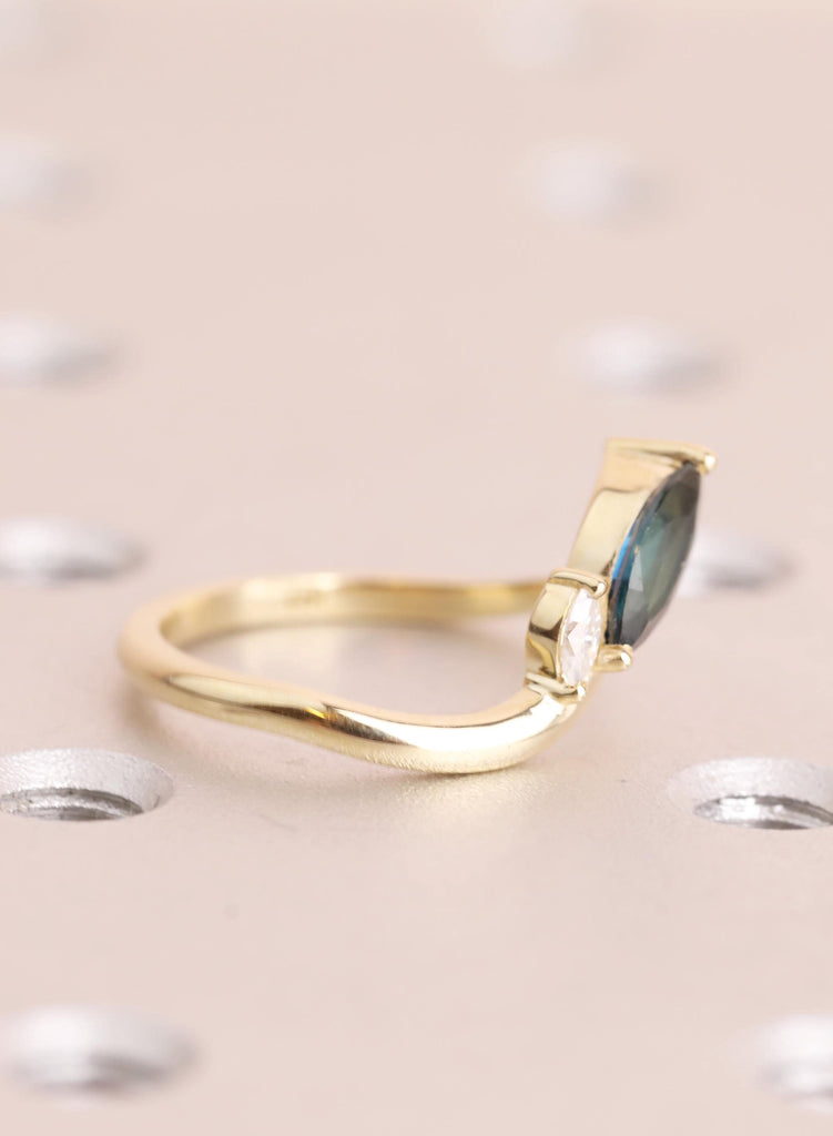 Vintage Marquise Teal Sapphire Engagement Ring: 14K Gold, Round Side Diamond / Lab Diamond / Moissanite image #7