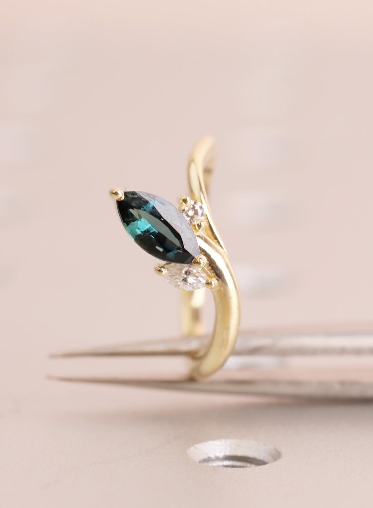 Vintage Marquise Teal Sapphire Engagement Ring: 14K Gold, Round Side Diamond / Lab Diamond / Moissanite image #3