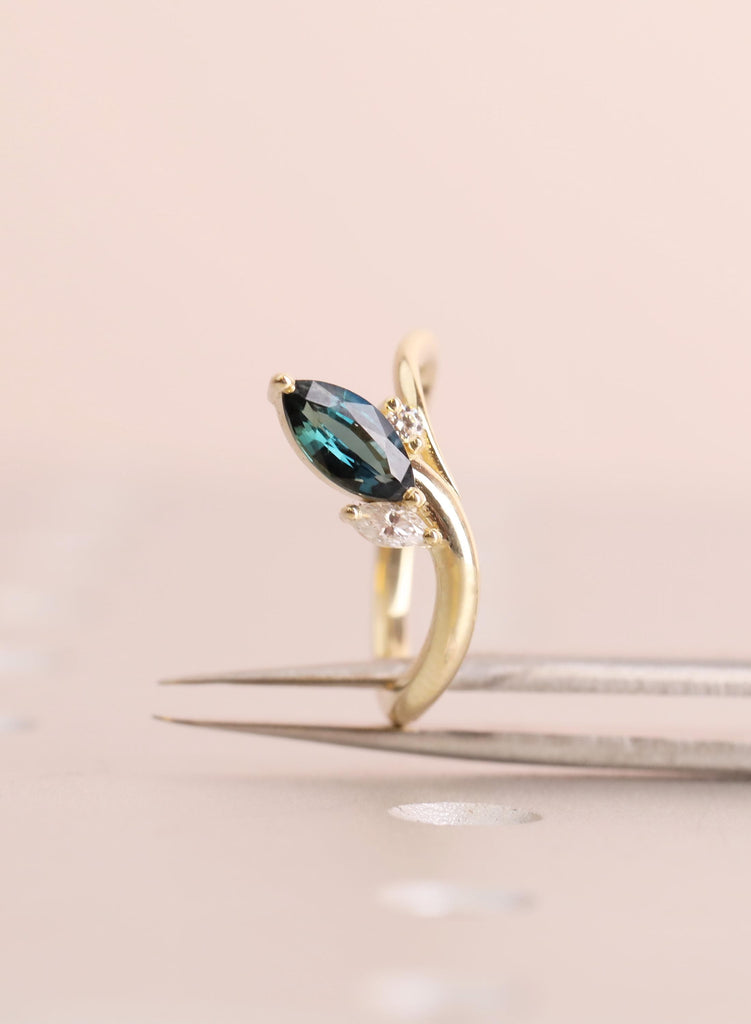 Vintage Marquise Teal Sapphire Engagement Ring: 14K Gold, Round Side Diamond / Lab Diamond / Moissanite image #8