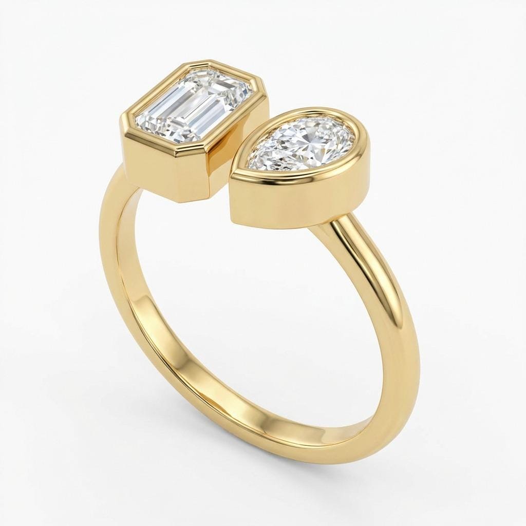 Open Band Lab Diamond Engagement Ring | Two Stone Diamond Cuff Ring | 14k Yellow Gold Minimal Stackable Ring for Her | Anniversary Gift image #4
