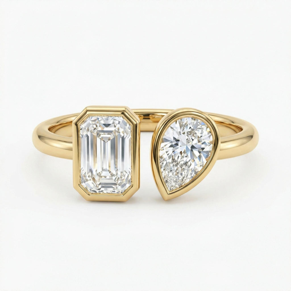 Open Band Lab Diamond Engagement Ring | Two Stone Diamond Cuff Ring | 14k Yellow Gold Minimal Stackable Ring for Her | Anniversary Gift image #3