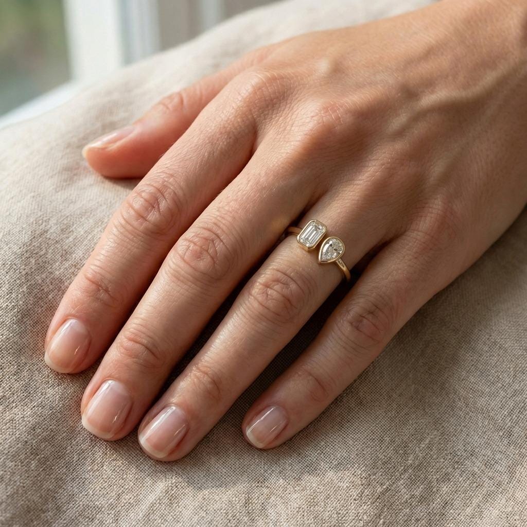 You N Me Wedding Ring | Emerald and Pear cut Moissanite Toi et Moi Engagement Ring | Bezel set Gold Rings for Women image #2
