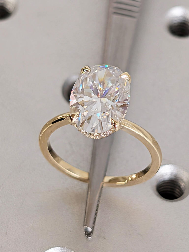 Oval Cut Moissanite Hidden Halo Diamond Ring, 14K Solid Yellow Gold Wedding Band, Claw Prong Setting, Custom Art Deco Ring, Anniversary Gift image #8