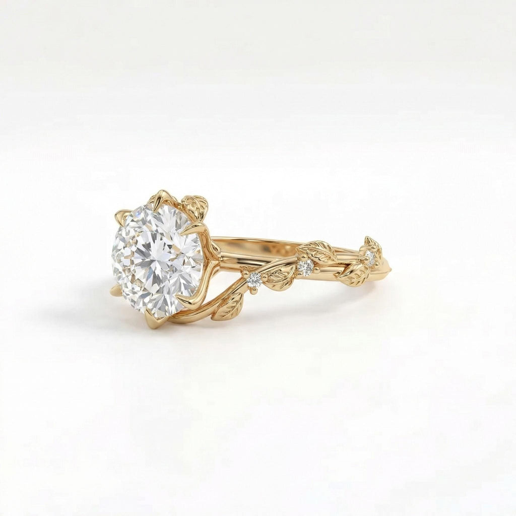 Nature Inspired Round Cut Lab Grown Diamond Engagement Ring | 14K Yellow Gold Art Deco Ring | Organic Promise Anniversary Ring for Her image #5