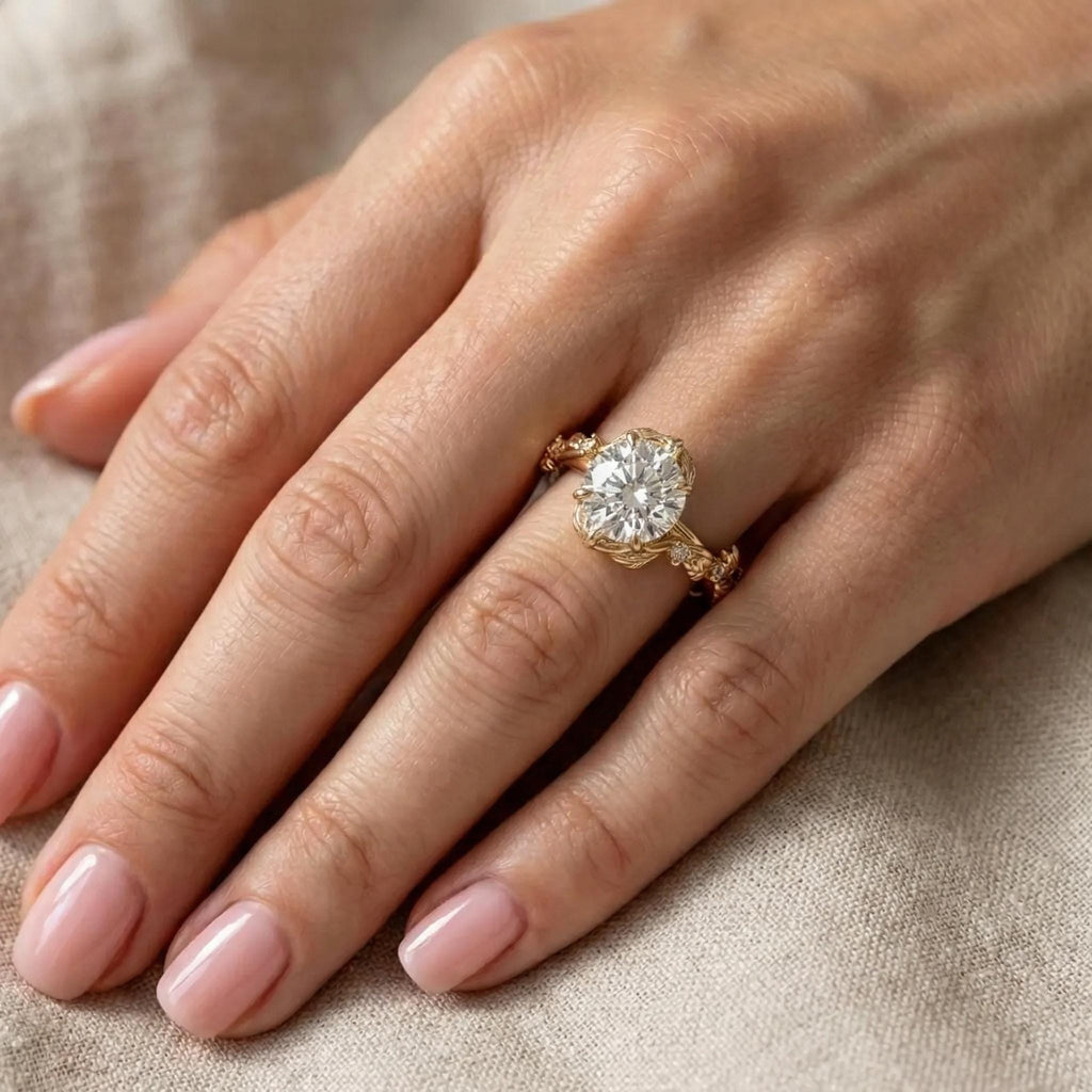Nature Inspired Round Cut Lab Grown Diamond Engagement Ring | 14K Yellow Gold Art Deco Ring | Organic Promise Anniversary Ring for Her image #4