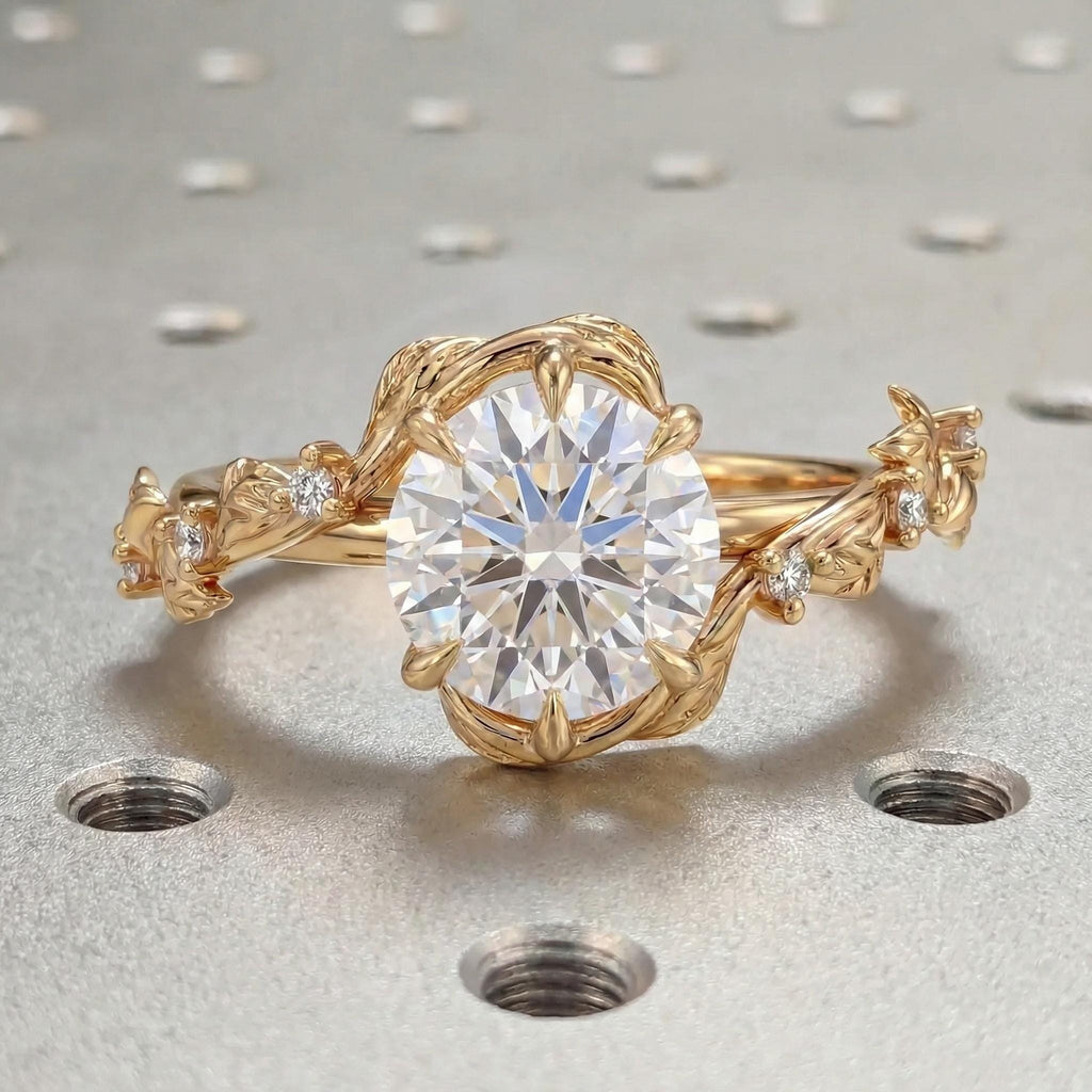 Tulip Petal Setting Rustic Wedding Ring: 1.5ct D/F Color IGI Diamond, Round cut, Vine and Leaf Band in Solid Gold or Platinum image #3