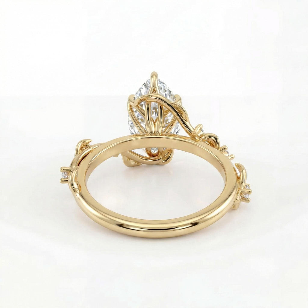 Tulip Petal Setting Rustic Wedding Ring: 1ct D/F Color IGI Diamond, Marquise cut, Vine and Leaf Band in Solid Gold or Platinum image #2