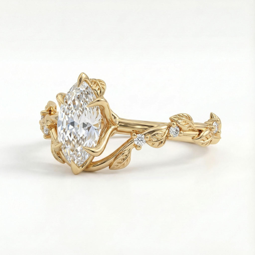Tulip Petal Setting Rustic Wedding Ring: 1ct D/F Color IGI Diamond, Marquise cut, Vine and Leaf Band in Solid Gold or Platinum