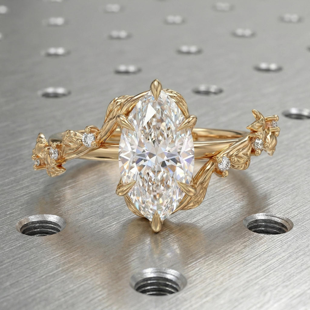 Tulip Petal Setting Rustic Wedding Ring: 1ct D/F Color IGI Diamond, Marquise cut, Vine and Leaf Band in Solid Gold or Platinum image #3