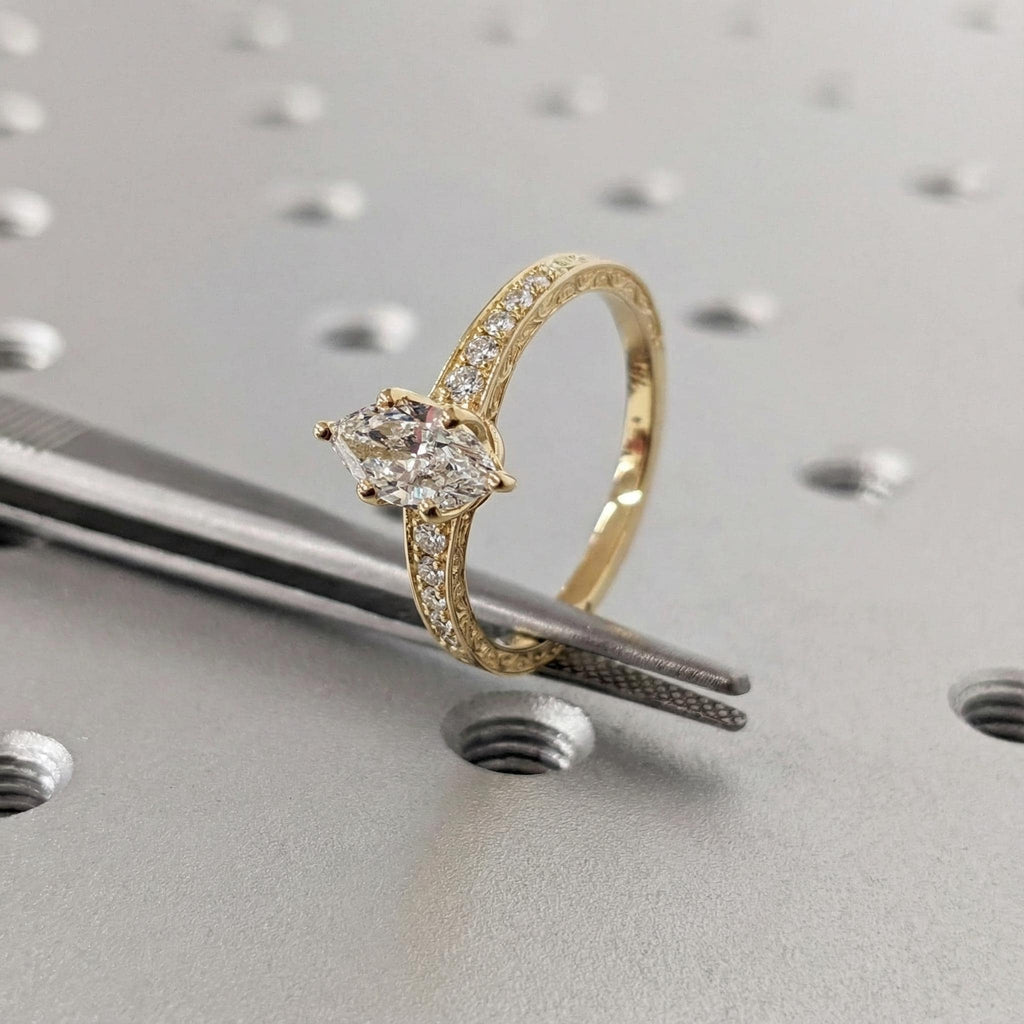 18k Gold Filigree Engagement Ring, Marquise Cut Lab Diamond Ring, Moissanite Pave image #2